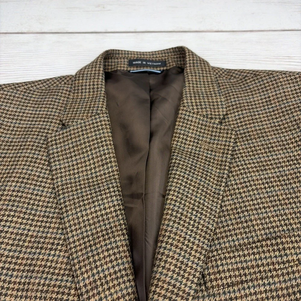 Tommy Hilfiger Men's 42R Brown Houndstooth Wool Blazer Coat Heritage Academia
